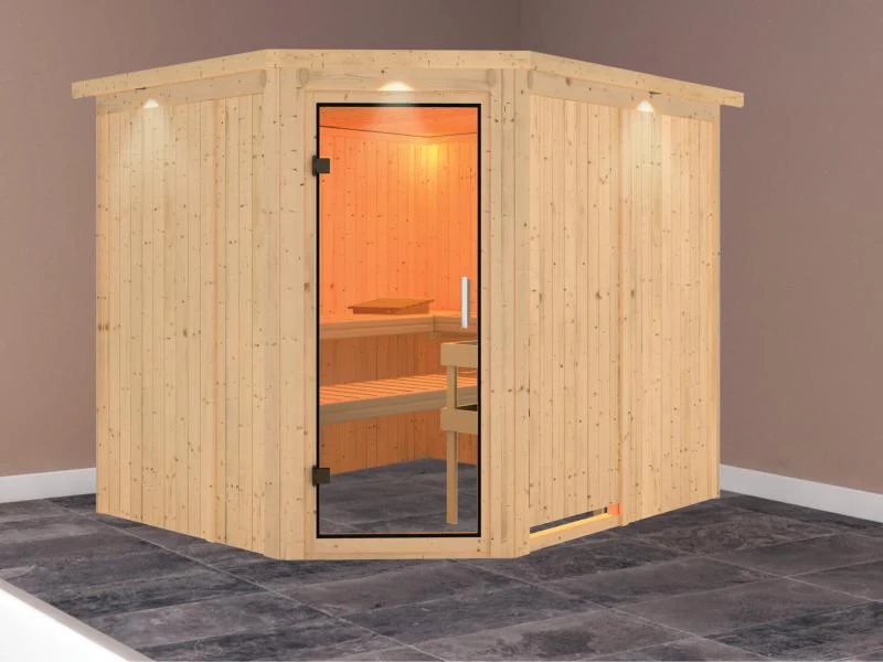 Karibu Sauna Malin ohne Ofen, mit Dachkranz, mit Klarglas Ganzglastür - Image 2