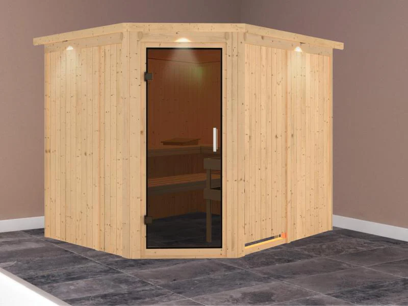 Karibu Sauna Malin ohne Ofen, mit Dachkranz, mit moderner Saunatür - Image 2