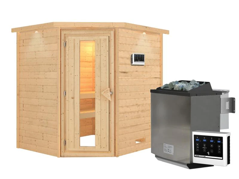 Karibu Sauna Mia inkl. 9 kW Bioofen ext. Steuerung, mit energiesparender Saunatür -mit Dachkranz- - Image 2