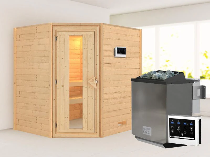 Karibu Sauna Mia inkl. 9 kW Bioofen ext. Steuerung, mit energiesparender Saunatür -ohne Dachkranz-