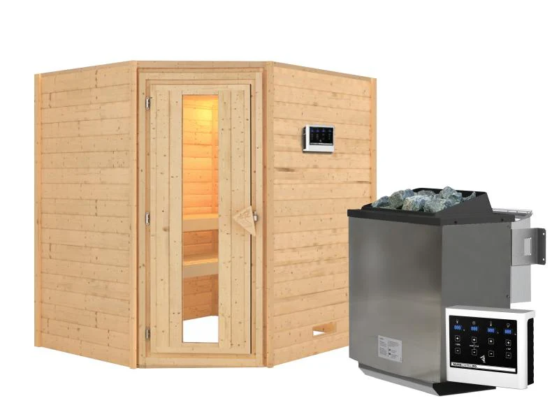 Karibu Sauna Mia inkl. 9 kW Bioofen ext. Steuerung, mit energiesparender Saunatür -ohne Dachkranz- - Image 2