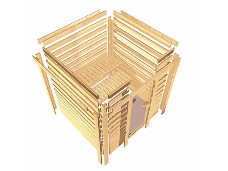 Karibu Sauna Mia inkl. 9 kW Bioofen ext. Steuerung, mit Klarglas Ganzglassaunatür -mit Dachkranz- - Image 9