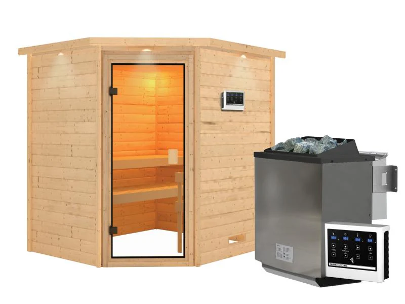 Karibu Sauna Mia inkl. 9 kW Bioofen ext. Steuerung, mit klassischer Saunatür -mit Dachkranz- - Image 2