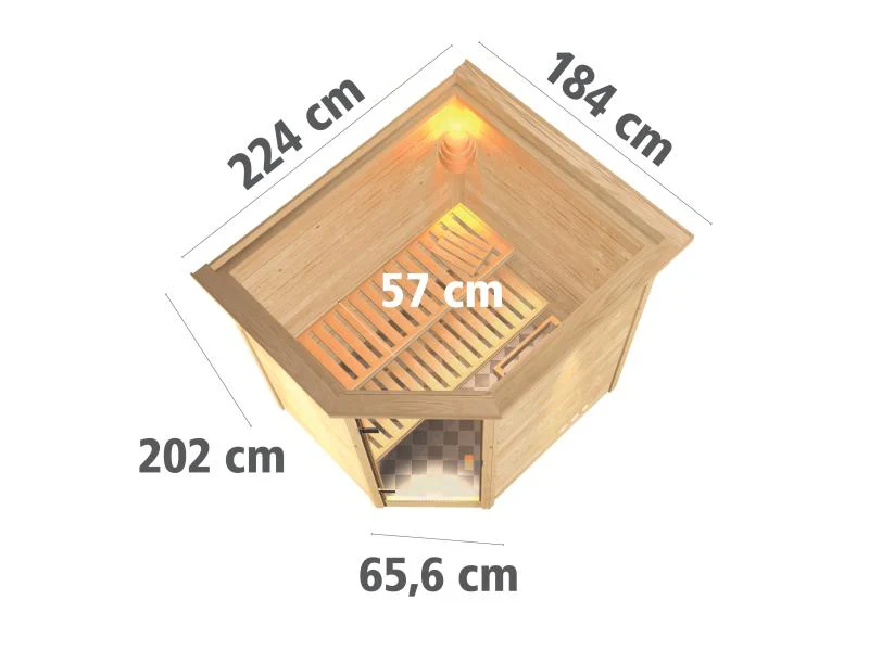 Karibu Sauna Mia inkl. 9 kW Bioofen ext. Steuerung, mit moderner Tür -mit Dachkranz- - Image 3