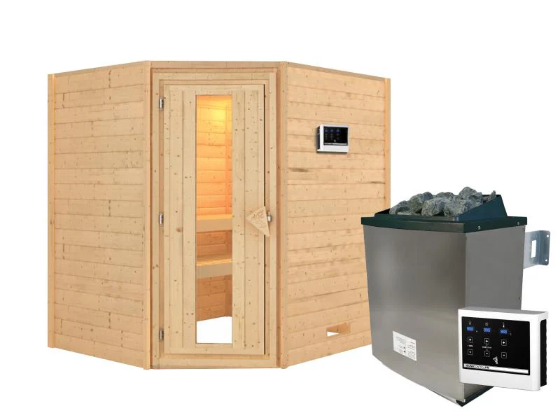Karibu Sauna Mia inkl. 9 kW Ofen ext. Steuerung, mit energiesparender Saunatür -ohne Dachkranz- - Image 2