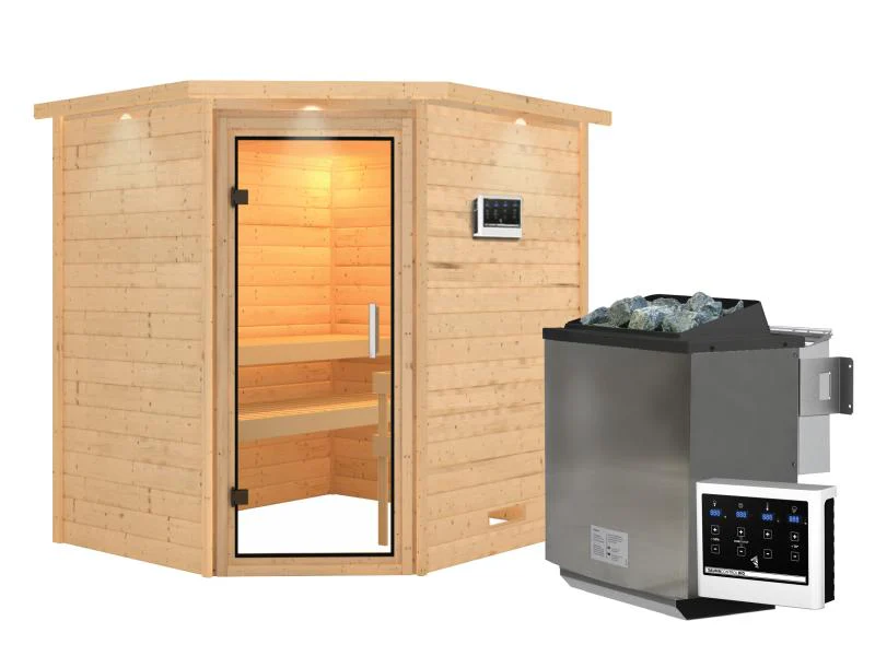 Karibu Sauna Mia inkl. 9 kW Ofen ext. Steuerung, mit Klarglas Ganzglassaunatür -mit Dachkranz- - Image 2