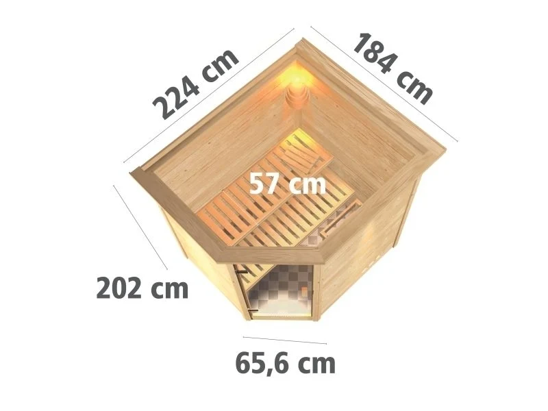 Karibu Sauna Mia inkl. 9 kW Ofen ext. Steuerung, mit Klarglas Ganzglassaunatür -mit Dachkranz- - Image 3