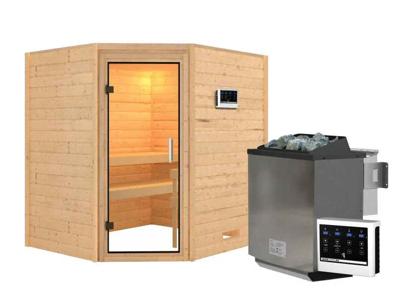 Karibu Sauna Mia inkl. 9 kW Ofen ext. Steuerung, mit Klarglas Ganzglassaunatür -ohne Dachkranz- - Image 2