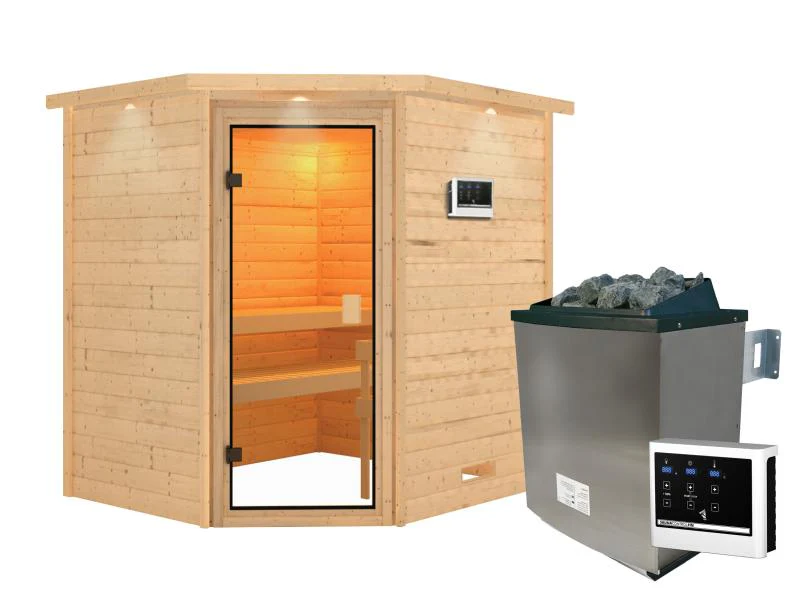Karibu Sauna Mia inkl. 9 kW Ofen ext. Steuerung, mit klassischer Saunatür -mit Dachkranz- - Image 2
