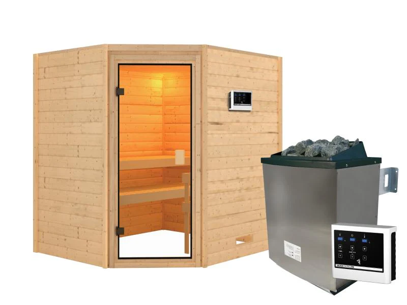 Karibu Sauna Mia inkl. 9 kW Ofen ext. Steuerung, mit klassischer Saunatür -ohne Dachkranz- - Image 2
