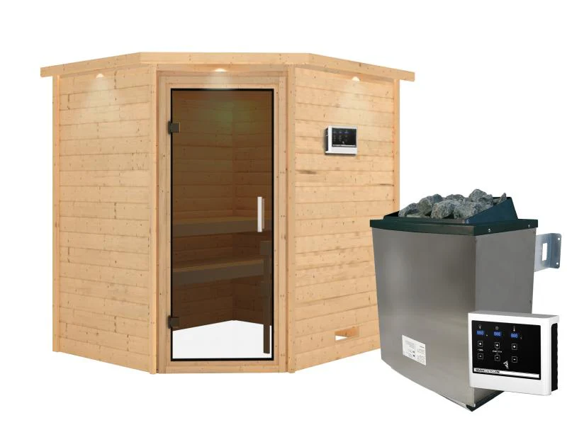 Karibu Sauna Mia inkl. 9 kW Ofen ext. Steuerung, mit moderner Saunatür -mit Dachkranz- - Image 2