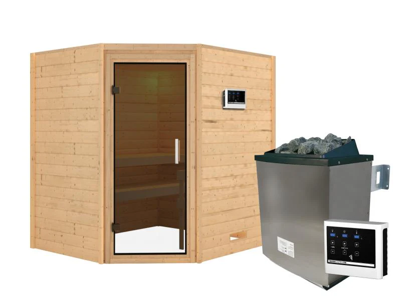 Karibu Sauna Mia inkl. 9 kW Ofen ext. Steuerung, mit moderner Saunatür -ohne Dachkranz- - Image 2