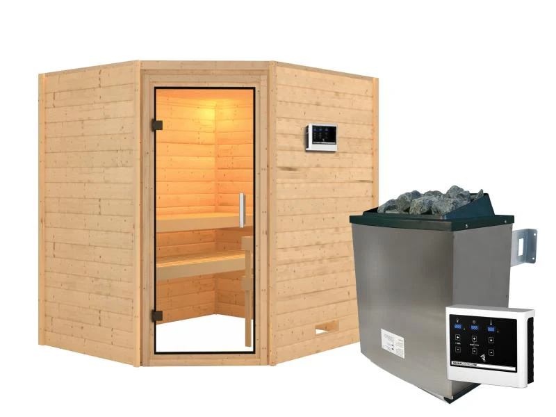 Karibu Sauna Mia inkl. 9 kW Ofen integr. Steuerung, mit Klarglas Ganzglassaunatür -ohne Dachkranz- - Image 2