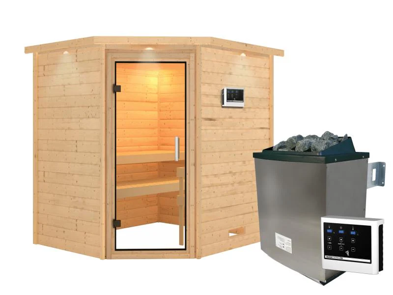 Karibu Sauna Mia inkl. 9 kW Ofen integr. Steuerung, mit Klarglassaunatür -mit Dachkranz- - Image 2
