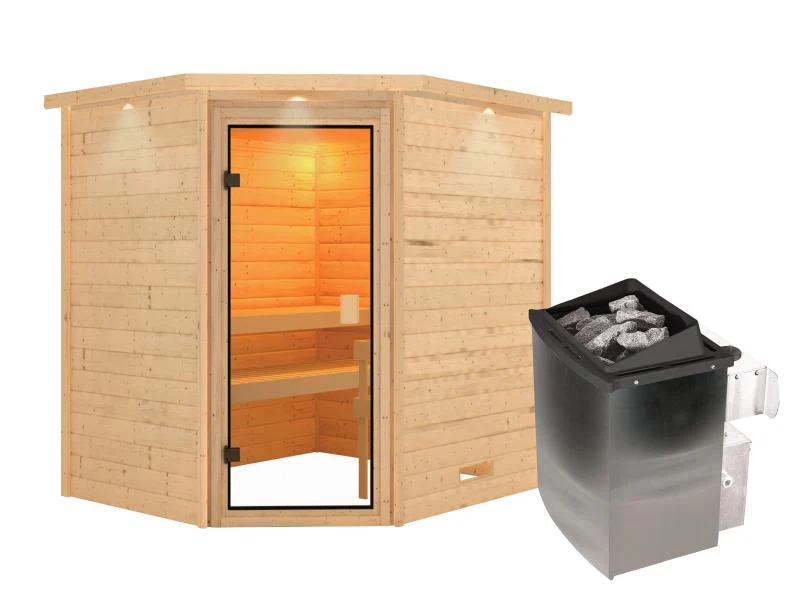 Karibu Sauna Mia inkl. 9 kW Ofen integr. Steuerung, mit klassicher Saunatür -mit Dachkranz- - Image 2