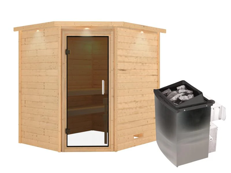 Karibu Sauna Mia inkl. 9 kW Ofen integr. Steuerung, mit moderner Saunatür -mit Dachkranz- - Image 2