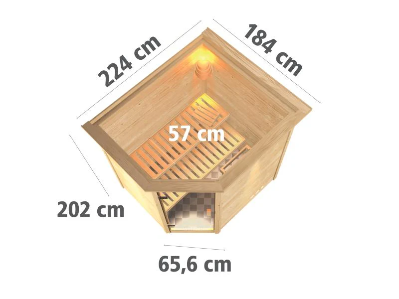 Karibu Sauna Mia inkl. 9 kW Ofen integr. Steuerung, mit moderner Saunatür -mit Dachkranz- - Image 3