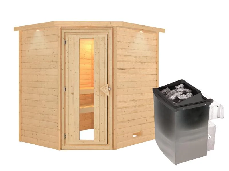Karibu Sauna Mia inkl. 9 kW Ofen integr. Strg mit energiesparender Saunatür -mit Dachkranz- - Image 2