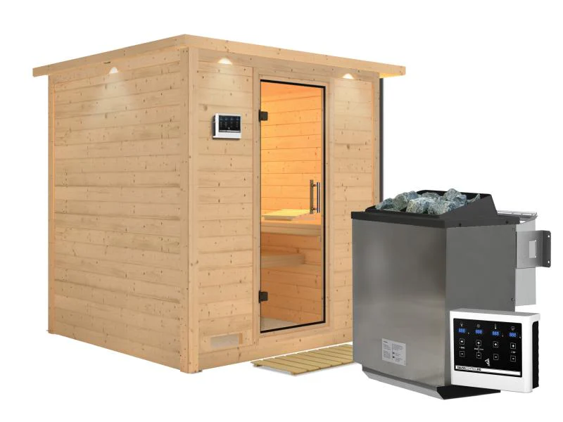 Karibu Sauna Mojave inkl. 9 kW Bio Ofen mit ext. Steuerung, mit Dachkranz, mit Klarglas Ganzglastür - Image 2