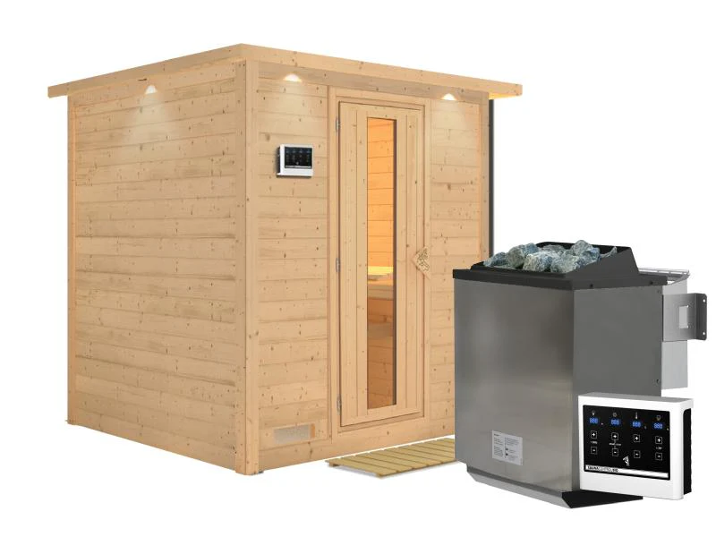 Karibu Sauna Mojave inkl. 9-kW-Bioofen mit externer Steuerung, mit Dachkranz, mit energiesparender S - Image 2