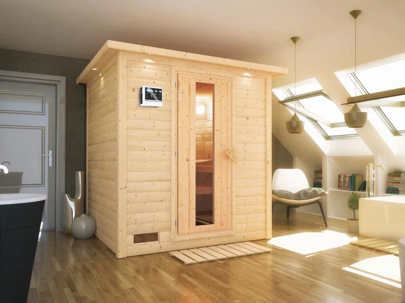 Karibu Sauna Mojave inkl. 9-kW-Bioofen mit externer Steuerung, mit Dachkranz, mit energiesparender S - Image 4
