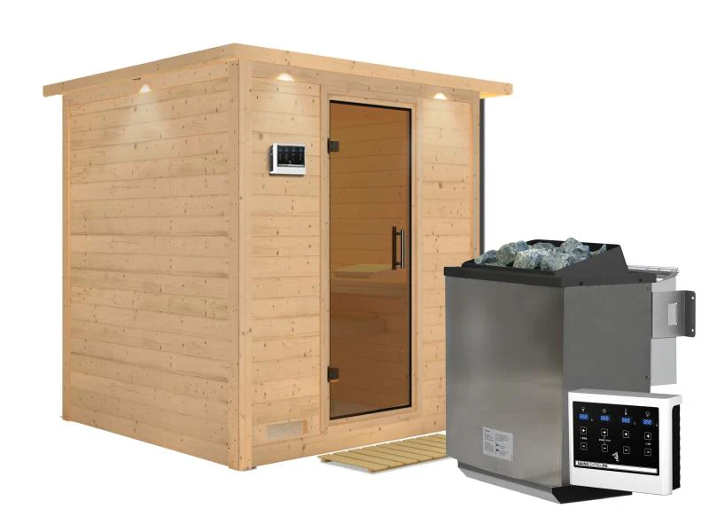 Karibu Sauna Mojave inkl. 9-kW-Bioofen mit externer Steuerung, mit Dachkranz, mit moderner Saunatür - Image 2