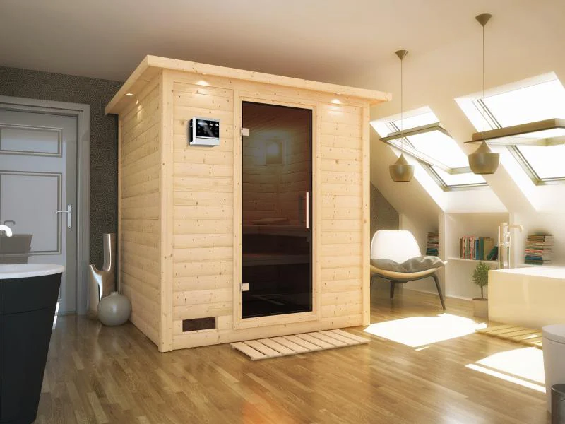 Karibu Sauna Mojave inkl. 9-kW-Bioofen mit externer Steuerung, mit Dachkranz, mit moderner Saunatür - Image 4