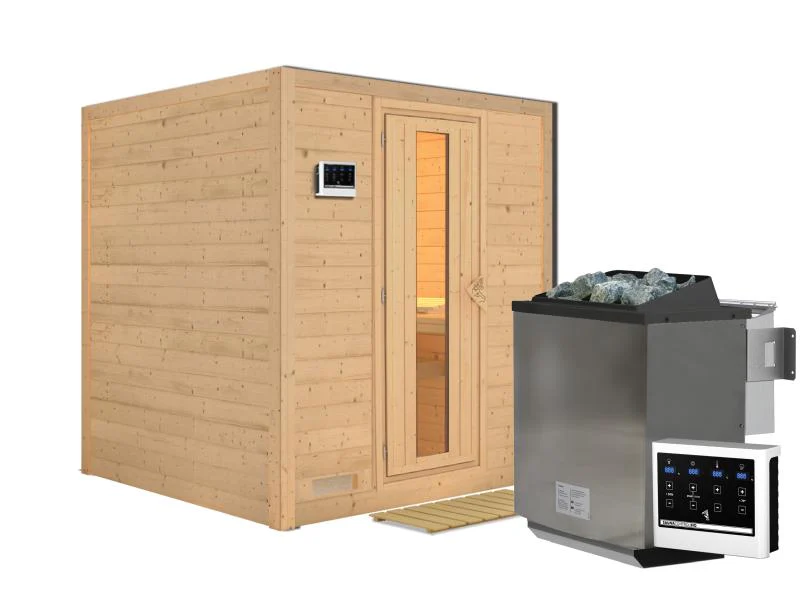 Karibu Sauna Mojave inkl. 9-kW-Bioofen mit externer Steuerung, ohne Dachkranz, mit energiesparender - Image 2