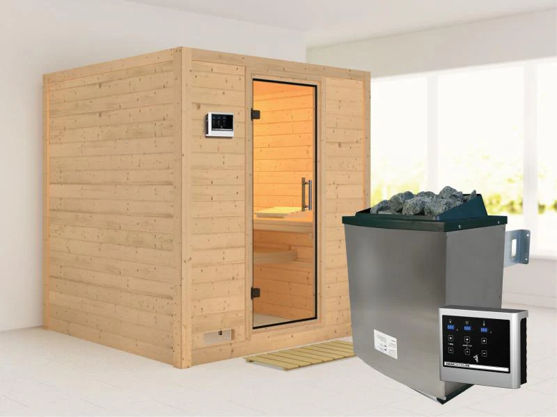 Karibu Sauna Mojave inkl. 9 kW Ofen mit ext. Steuerung, ohne Dachkranz, mit Klarglas Ganzglastür