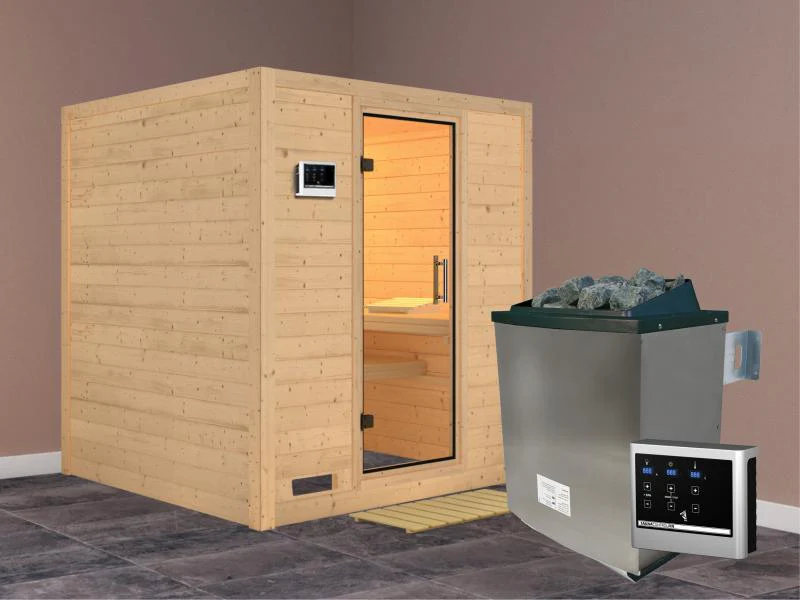 Karibu Sauna Mojave inkl. 9 kW Ofen mit ext. Steuerung, ohne Dachkranz, mit Klarglas Ganzglastür - Image 2