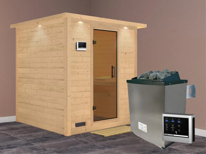 Karibu Sauna Mojave inkl. 9-kW-Ofen mit externer Steuerung, mit Dachkranz, mit moderner Saunatür - Image 2