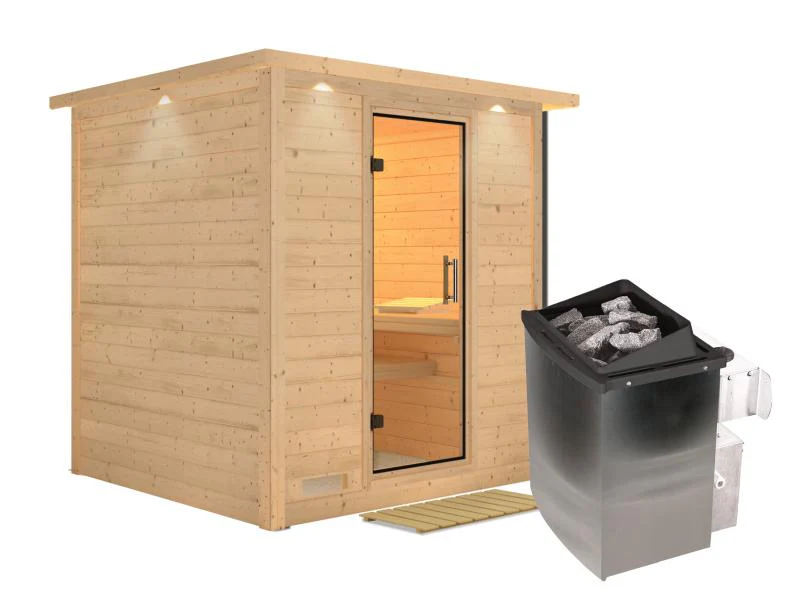 Karibu Sauna Mojave inkl. 9 kW Ofen mit int. Steuerung, mit Dachkranz, mit Klarglas Ganzglastür - Image 2