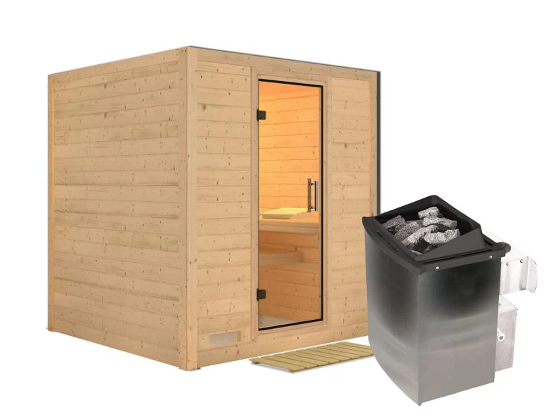 Karibu Sauna Mojave inkl. 9 kW Ofen mit int. Steuerung, ohne Dachkranz, mit Klarglas Ganzglastür - Image 2