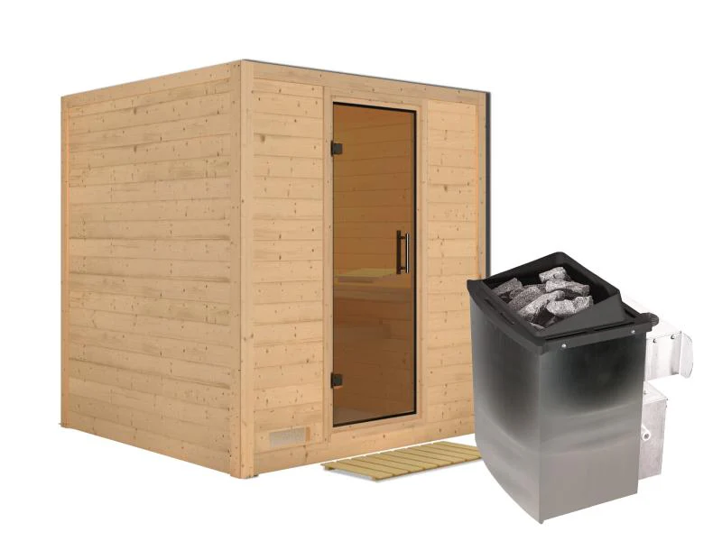 Karibu Sauna Mojave inkl. 9-kW-Ofen mit interner Steuerung, ohne Dachkranz, mit moderner Saunatür - Image 2