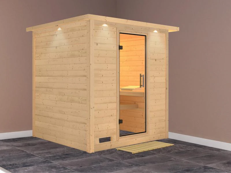 Karibu Sauna Mojave ohne Ofen, mit Dachkranz, mit Klarglas Ganzglastür - Image 2