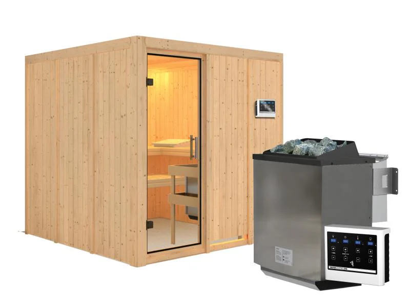 Karibu Sauna Rodin inkl. 9 kW Bio Ofen mit ext. Steuerung, ohne Dachkranz, mit Klarglas Ganzglastür - Image 2