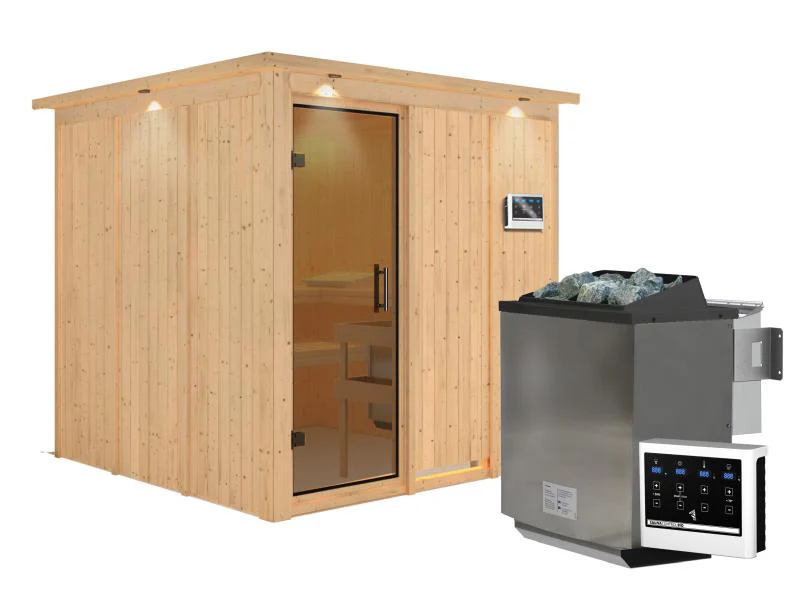 Karibu Sauna Rodin inkl. 9-kW-Bioofen mit externer Steuerung, mit Dachkranz, mit moderner Saunatür - Image 2