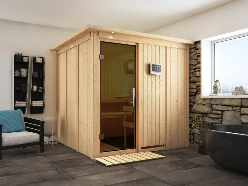 Karibu Sauna Rodin inkl. 9-kW-Bioofen mit externer Steuerung, mit Dachkranz, mit moderner Saunatür - Image 4