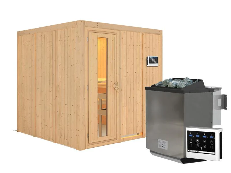 Karibu Sauna Rodin inkl. 9-kW-Bioofen mit externer Steuerung, ohne Dachkranz, mit energiesparender S - Image 2
