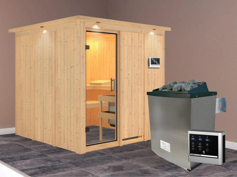 Karibu Sauna Rodin inkl. 9 kW Ofen mit ext. Steuerung, mit Dachkranz, mit Klarglas Ganzglastür - Image 2