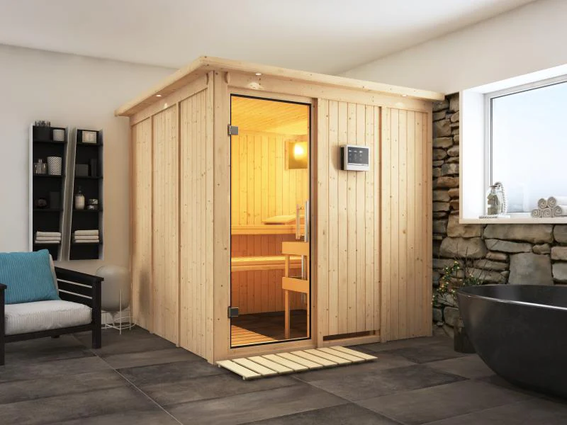 Karibu Sauna Rodin inkl. 9 kW Ofen mit ext. Steuerung, mit Dachkranz, mit Klarglas Ganzglastür - Image 4