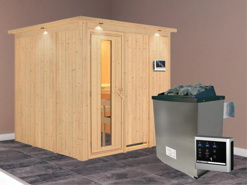 Karibu Sauna Rodin inkl. 9-kW-Ofen mit externer Steuerung, mit Dachkranz, mit energiesparender Sauna - Image 2