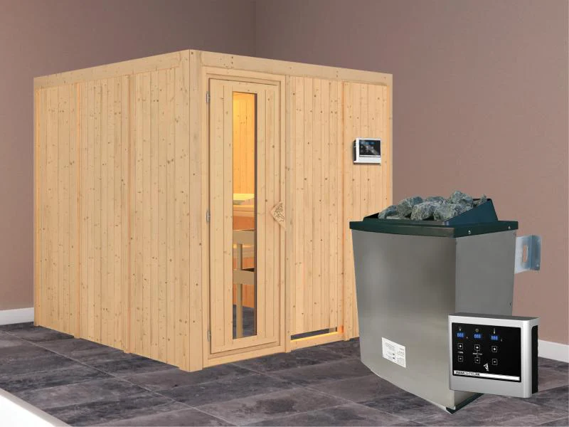 Karibu Sauna Rodin inkl. 9-kW-Ofen mit externer Steuerung, ohne Dachkranz, mit energiesparender Saun - Image 2