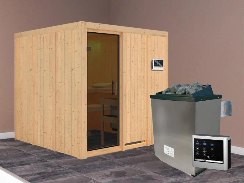 Karibu Sauna Rodin inkl. 9-kW-Ofen mit externer Steuerung, ohne Dachkranz, mit moderner Saunatür - Image 2