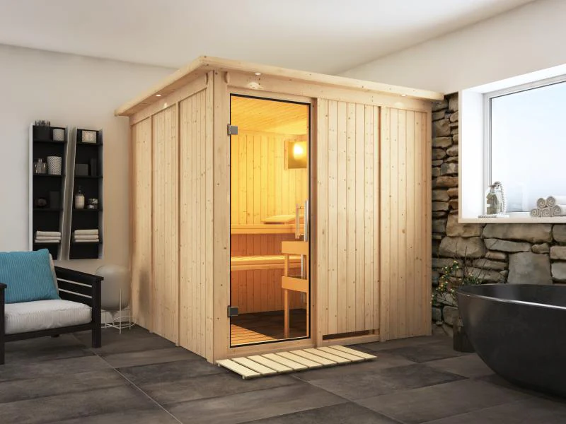 Karibu Sauna Rodin inkl. 9 kW Ofen mit int. Steuerung, mit Dachkranz, mit Klarglas Ganzglastür - Image 4