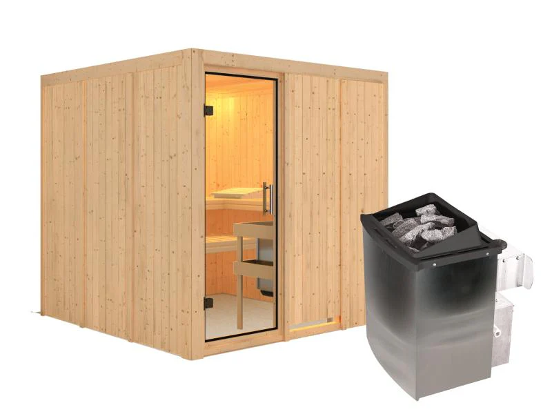 Karibu Sauna Rodin inkl. 9 kW Ofen mit int. Steuerung, ohne Dachkranz, mit Klarglas Ganzglastür - Image 2