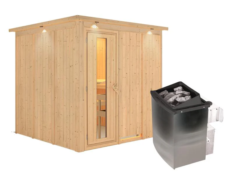 Karibu Sauna Rodin inkl. 9-kW-Ofen mit interner Steuerung, mit Dachkranz, mit energiesparender Sauna - Image 2