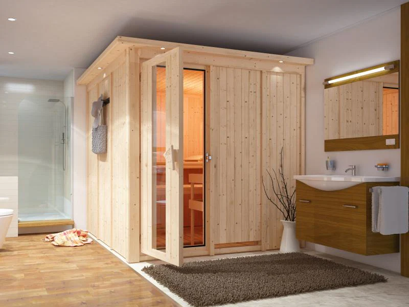Karibu Sauna Rodin inkl. 9-kW-Ofen mit interner Steuerung, mit Dachkranz, mit energiesparender Sauna - Image 4