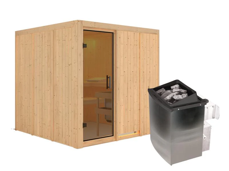 Karibu Sauna Rodin inkl. 9-kW-Ofen mit interner Steuerung, ohne Dachkranz, mit moderner Saunatür - Image 2