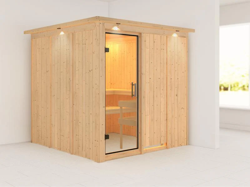 Karibu Sauna Rodin ohne Ofen, mit Dachkranz, mit Klarglas Ganzglastür - Image 4
